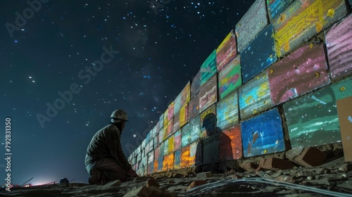 A lone bricklayer works under a starry night sky the colorful Wall of Stories behind him taking shape with each brick he lays. As he adds the final touches to the structure the stories .