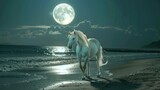 Illustrate the enchanting sight of a magical white unicorn stepping onto a beach just as the full moon rises