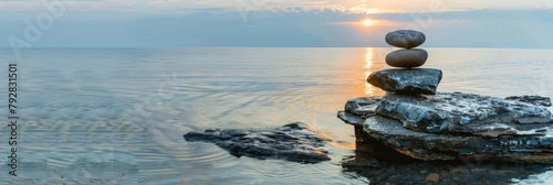 Gleichgewicht am Morgen. Balance von Stein im Ozean bei Sonnenaufgang mit Lichtstrahl photo