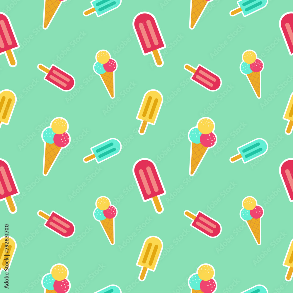 Ice cream seamless pattern. Colorful summer seamless pattern with tropical fruits, ice cream, leaves, Toucan, Flamingo, Flowers, and summer icons Memphis style. Summer seamless vector illustration. Ice cream seamless pattern. Colorful summer seamless pattern with tropical fruits, ice cream, leaves, Toucan, Flamingo, Flowers, and summer icons Memphis style. Summer seamless vector illustration.