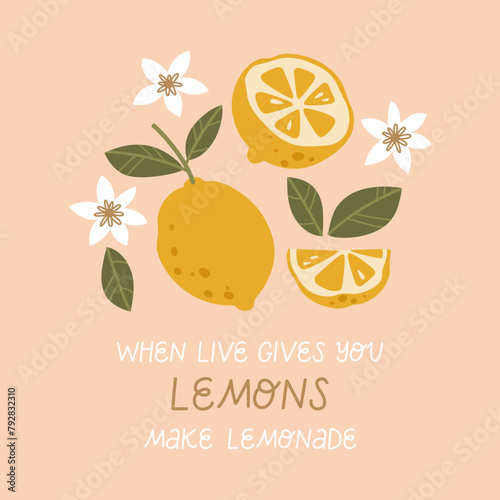 Summer card with lemons and flowers. For holiday decoration.