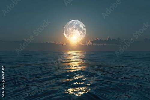 Lune Rising Over Aquatic Horizon A Mirror Image of Moon and Sea at Night and Dawn photo
