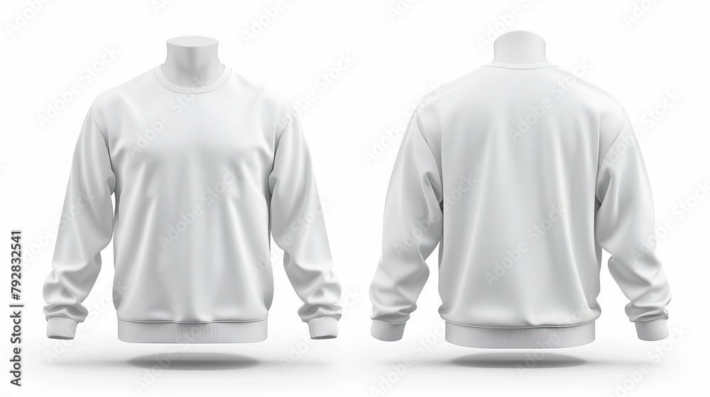 A men's white blank sweatshirt template, shown from both sides, with a natural shape on an invisible mannequin, for your design mockup, isolated on white. A men's white blank sweatshirt template, shown from both sides, with a natural shape on an invisible mannequin, for your design mockup, isolated on white.