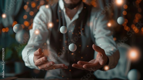 Magician's Enchanting Trick: Sleight of Hand with Magic Balls - A mesmerizing depiction of a magician's sleight of hand, showcasing manipulation with props and an enchanting charm