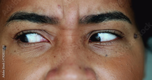 Bild auf Leinwand Terrified Young Black Woman in Macro Close-Up, Eyes Wildly Open and Looking Side