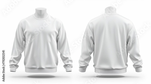 A men's white blank sweatshirt template, shown from both sides, with a natural shape on an invisible mannequin, for your design mockup, isolated on white.