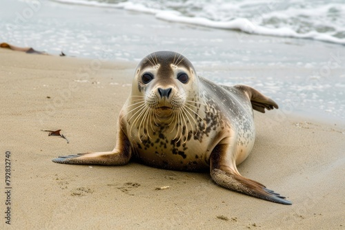 Harbor Seal on Beach: Wild Mammal Resting on Sandy Shoreline in Nature  photo