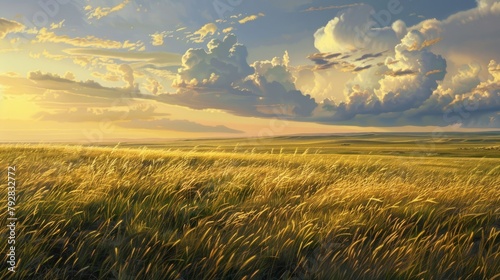 Wild and Beautiful Great Plains: A Golden Landscape with Native Grasslands and Clouds in the Sky photo