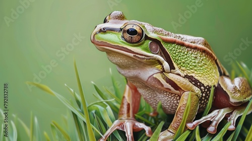 Illustrate the scene of a European tree frog, Hyla arborea, peacefully sitting on a grass straw with a crisp green background