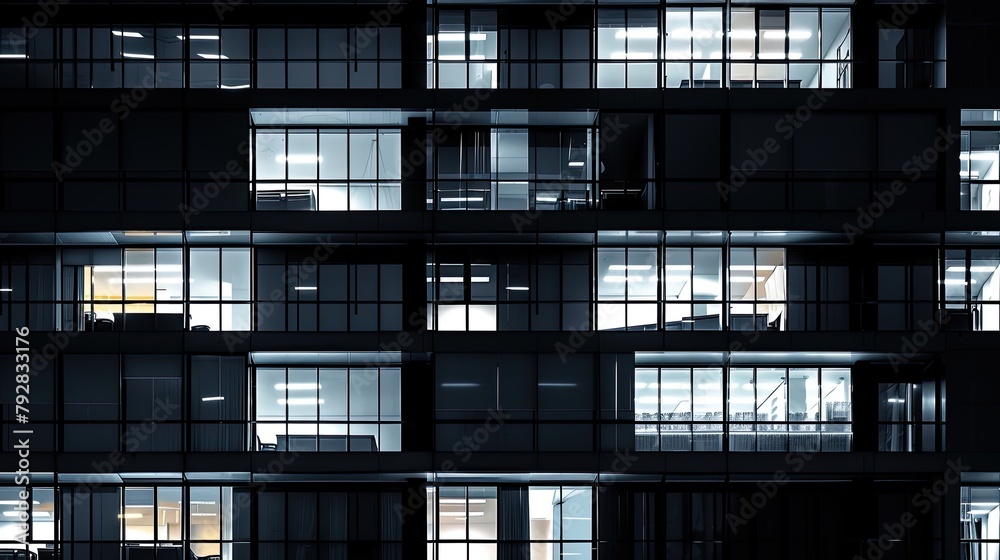 Obraz premium Modern glossy black office building with white reflective windows