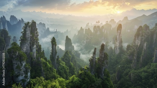 National Forest Park Sunset Panorama: Hunan's Quartzite Sandstone Pillars, Peaks, and Mountains with Green Trees in Avatar-like Landscape