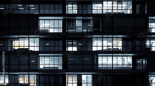 Modern glossy black office building with white reflective windows