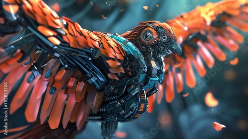 Explore the depths of creativity by showcasing advanced robotic limbs entwined with the elegant wings of a mythical phoenix, in a striking aerial perspective that highlights the fusion of futuristic a photo