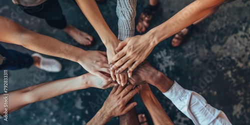 Oneness in the Office: Join Our Team and Achieve Professional Success with Trust and Support from Male and Female Colleagues Putting Hands Together Top View photo