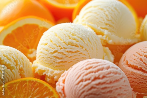 Orange Sherbet Scoop with Fresh Fruit Topping- Refreshing Gelato Sorbet Ideal for Summer Days photo