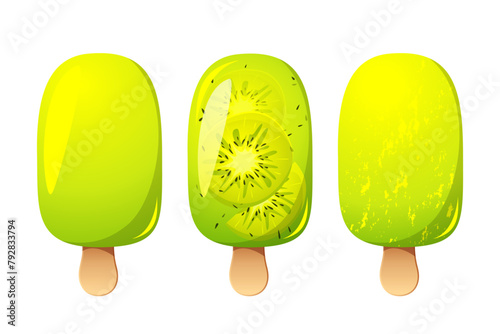 Kiwi ice cream set, fruit popsicle on a wooden stick with kiwi pieces. Summer cold dessert, frozen juice, fruit ice. Vector illustration.