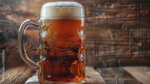 Refreshing Ales and Lager in Closeup of Beer Pitcher with Wood Background - Foam, Froth, Suds and Bubbles in Detail