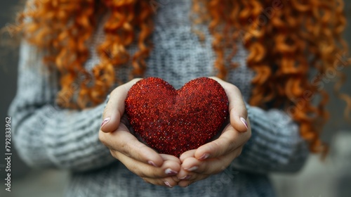 A woman holding a red heart shaped object in her hands  AI