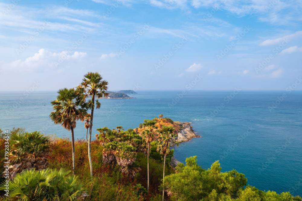 Viewpoint Promthep Cape of Phuket, aerial top view beach, Thailand travel