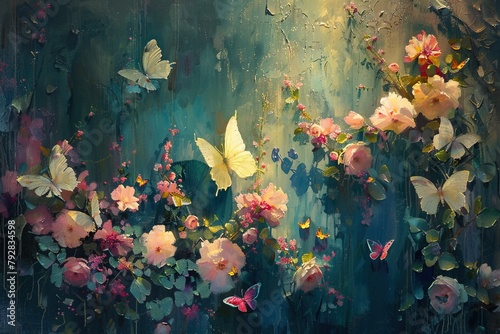 Fantasy Garden: Vibrant Butterflies and Yellow Flowers Oil Painting photo