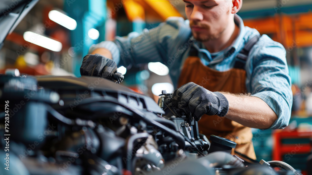 Close-Up of Auto Mechanic Performing Engine Repair in Workshop Close-Up of Auto Mechanic Performing Engine Repair in Workshop