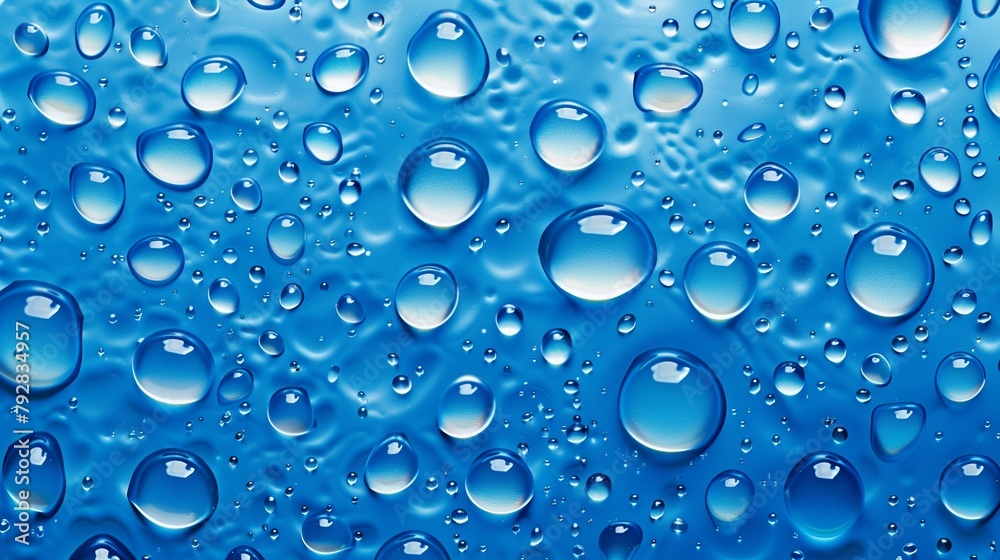 Crystal Clear Water Droplets on Vibrant Blue Crystal Clear Water Droplets on Vibrant Blue