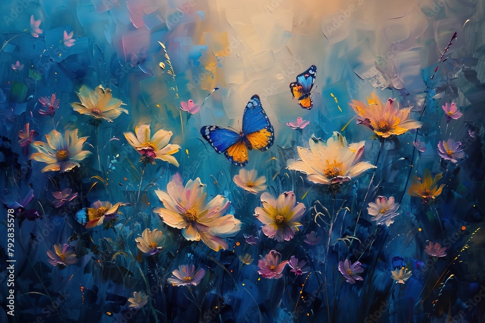 Fantasy Garden: Vibrant Butterflies and Yellow pink  Flowers Oil Painting