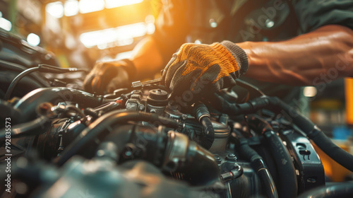 Close-Up of Auto Mechanic Performing Engine Repair in Workshop