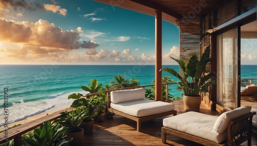 tropical theme private luxury balcony with view of the beach from Generative AI © SevenThreeSky