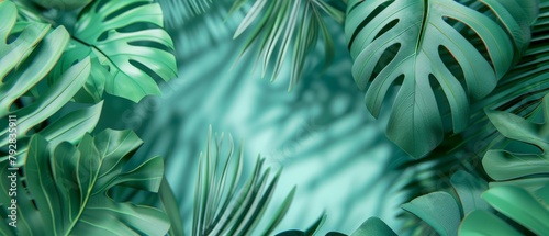 Leaves on a green background with neo mint color. 3D rendering.