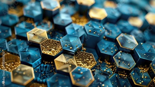 Imagine a representation of digital connectivity with blue and gold hexagons interlinked in an abstract pattern.