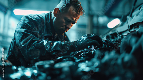 Close-Up of Auto Mechanic Performing Engine Repair in Workshop