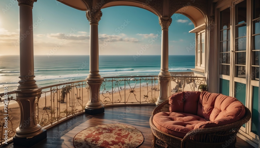 victorian theme private luxury balcony with view of the beach from Generative AI - obrazy, fototapety, plakaty 