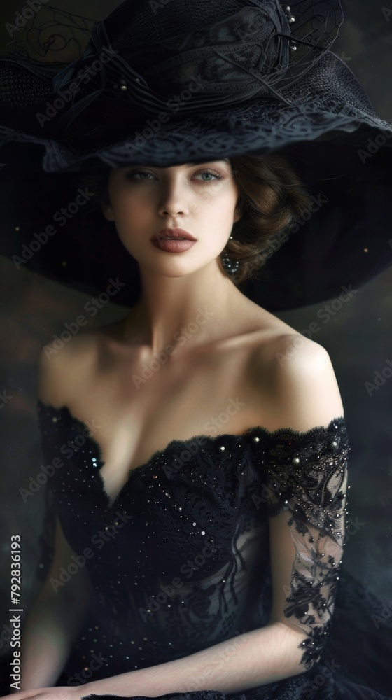 A woman in a black dress and a large hat A woman in a black dress and a large hat