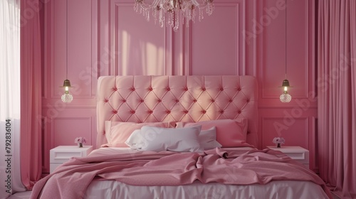A bedroom with pink walls and a chandelier