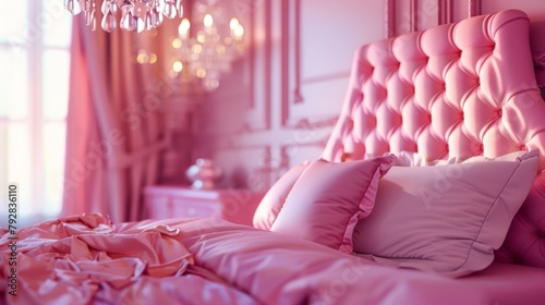 A pink bedroom with a chandelier and a bed © Maria Starus