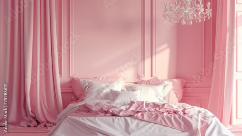 A bedroom with pink walls and a chandelier © Maria Starus