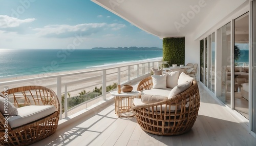 white theme private luxury balcony with view of the beach from Generative AI