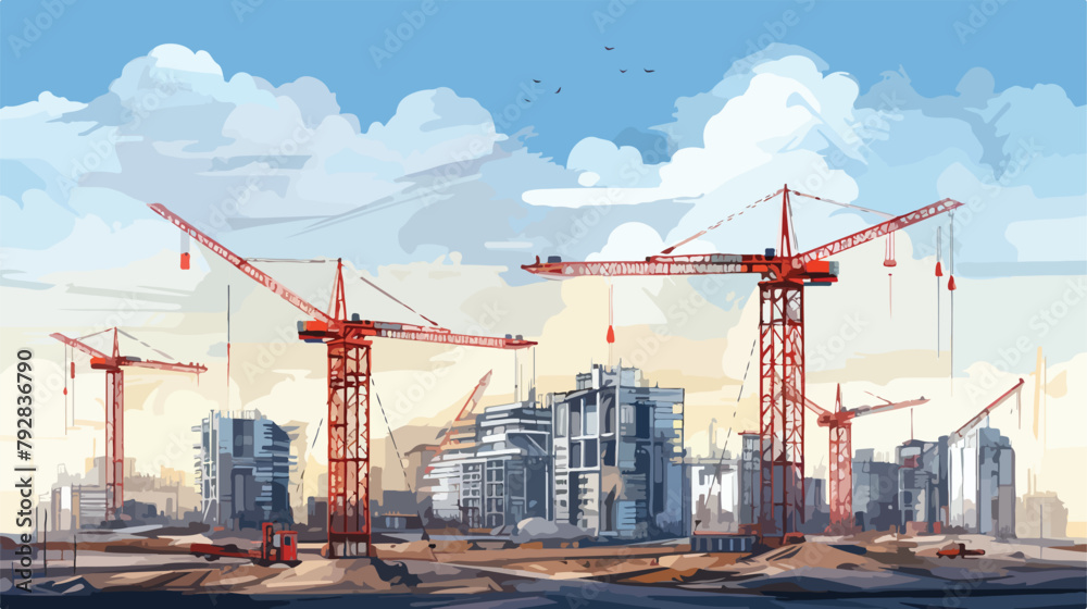 Tower cranes on construction site. Buildings under