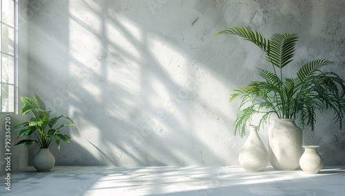 A tranquil image showcasing the play of natural sunlight and shadows on lush green indoor plants and white vases © Vladan