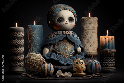 Mysterious Handmade Doll Amidst Lit Candles in a Dark Setting Evoking Spooky Atmosphere