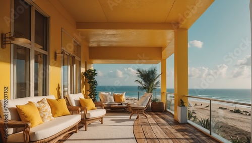 yellow theme private luxury balcony with view of the beach from Generative AI