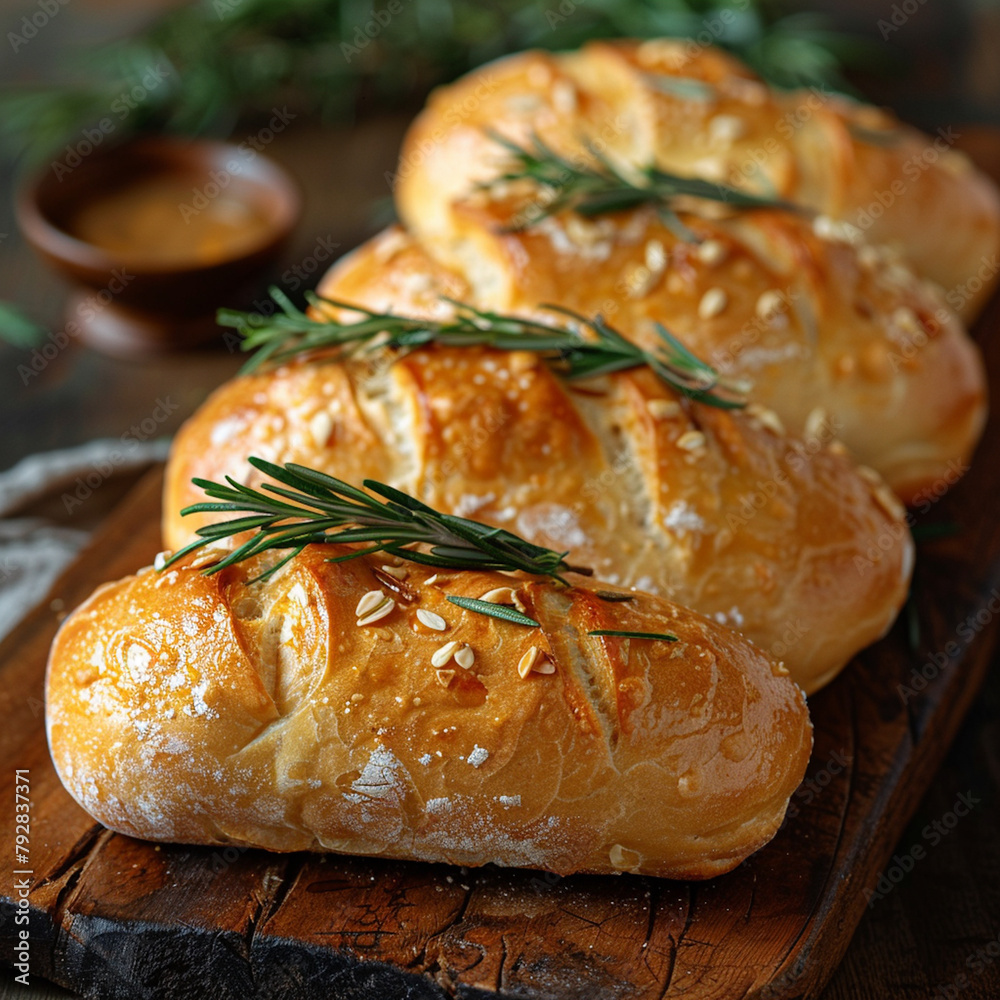 Freshly baked artisan sourdough bread loaves with golden crust on a rustic wooden board, adorned with rosemary Freshly baked artisan sourdough bread loaves with golden crust on a rustic wooden board, adorned with rosemary