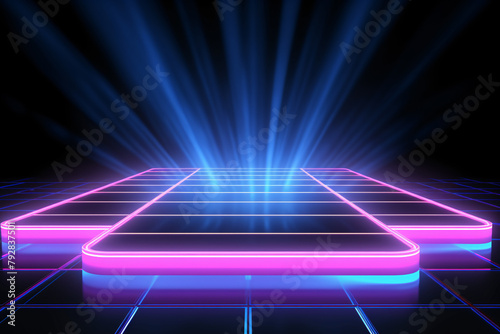 Abstract neon light geometric background. Glowing neon lines. Empty futuristic stage laser. Colorful rectangular laser lines. Night club empty room. Laser show design. Neon blue and pink floor.
