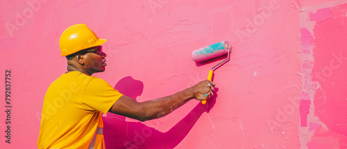 a building contractor painting pink wall with roller brush