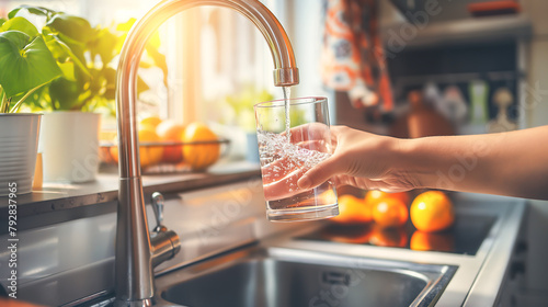 Hand of people filling glass with tap water from faucet in kitchen. Filling glass of water from the tap. Pours fresh filtered purified water from a tap into a glass for drinking photo