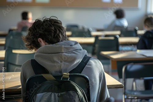 In the classroom's quiet corner - a student sits alone - head bowed - embodying the painful isolation borne from bullying's shadow photo