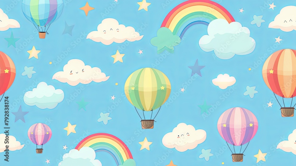 Naklejka premium seamless pattern with hot air balloons and clouds with rainbow