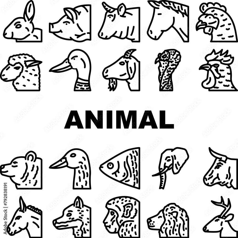 animal zoo pet face farm icons set vector. elephant cow, bear, pig, cat lion, sheep deer, fox duck animal zoo pet face farm black contour illustrations