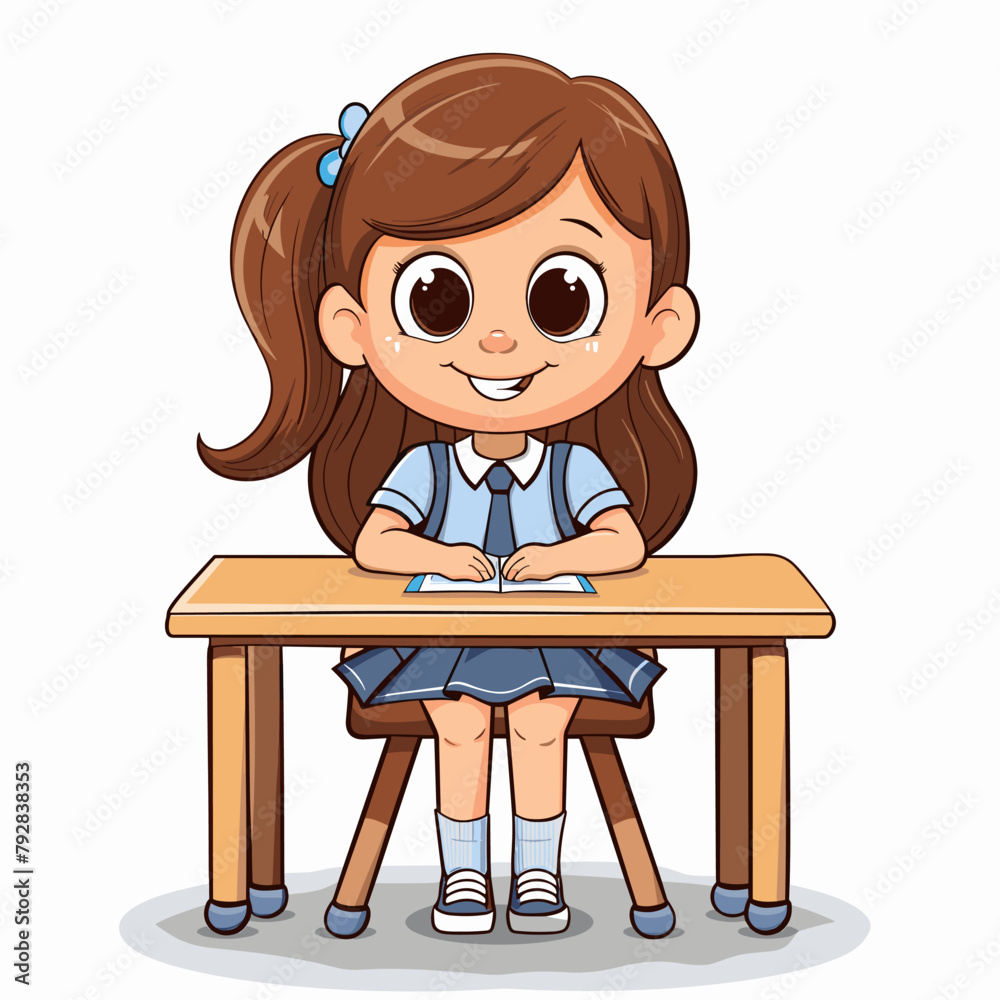 vector girl schoolgirl at her desk .Generative AI